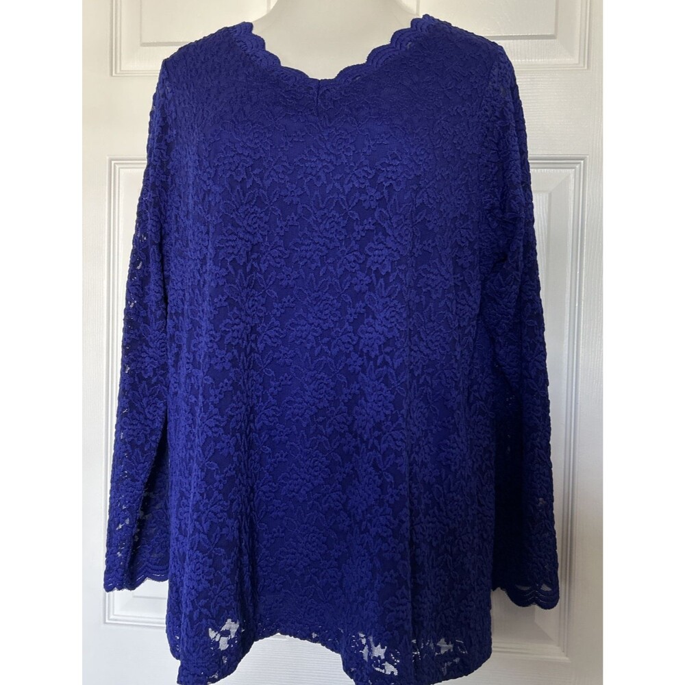 Susan Graver Women's Plus Size 1X Lace Overlay Blue Blouse Tunic V Neck